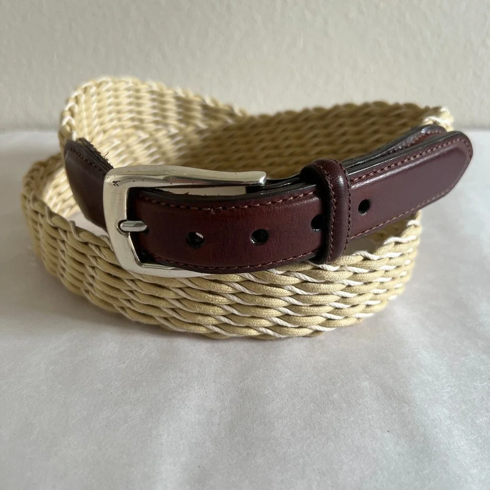 Brighton Braided Cloth Belt Mens 42 Brown Leather Buckle Strap Preppy Casual